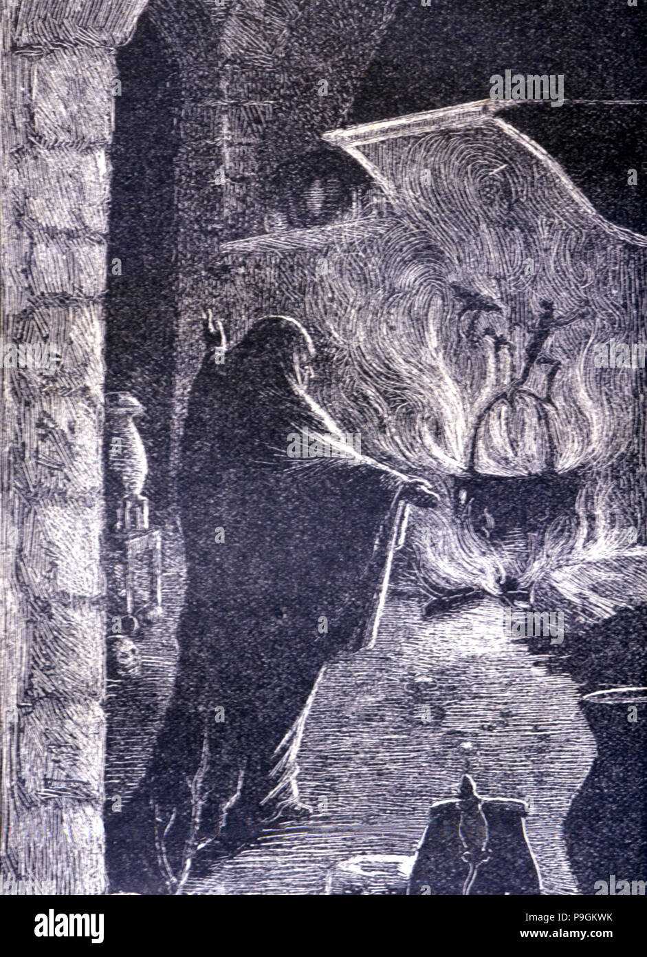 La Celestina, 1883, engraving with the Celestina making a spell. Stock Photo
