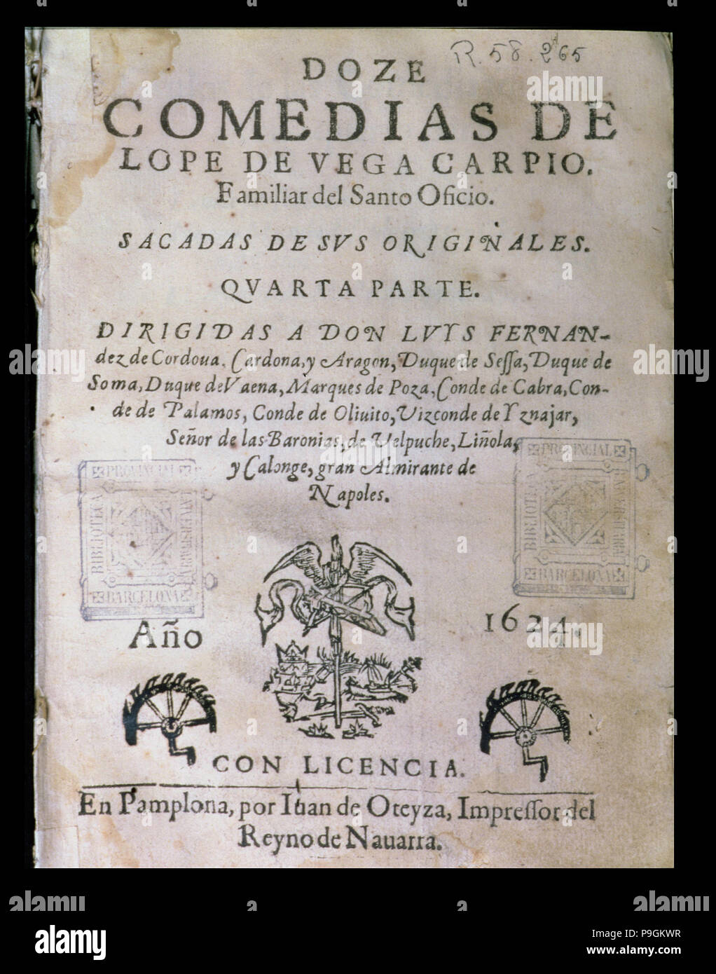 Cover 'Doce comedias' (Twelve comedies) by Lope de Vega, published in 1624 in Pamplona. Stock Photo