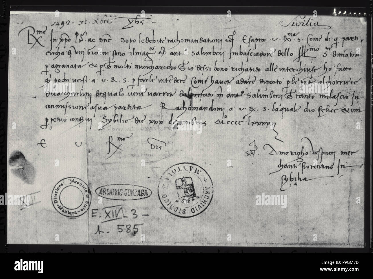 Autograph letter of Amerigo Vespucci written on 30th December 1492 in Seville to the Ducal Commis… Stock Photo