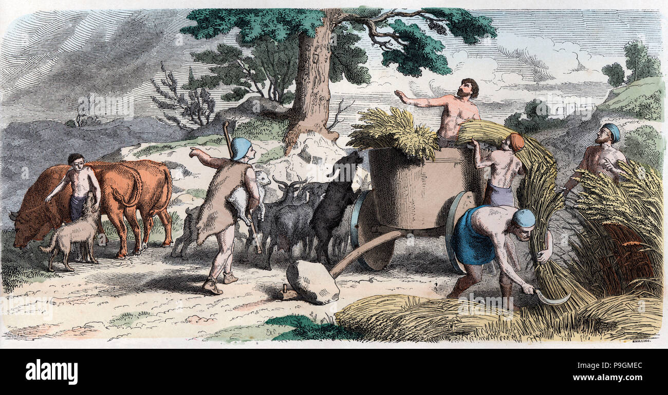 Ancient History. Greece. Farming and harvesting. German engraving, 1865
