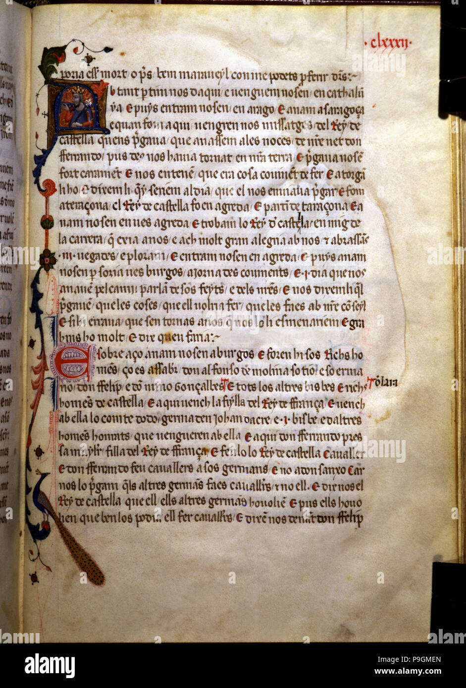 Page with an illuminated initial in the 'Llibre dels feyts del rey Jacme'. Stock Photo