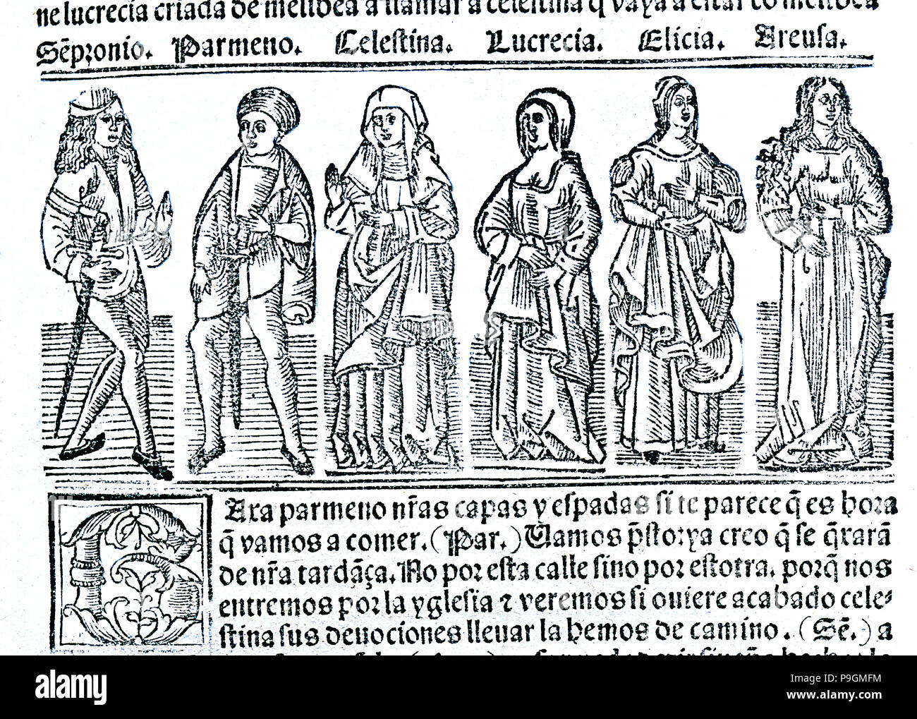 Tragicomedy of Calixto and Melibea, known as 'La Celestina' by Fernando de Rojas, printed in Burg… Stock Photo