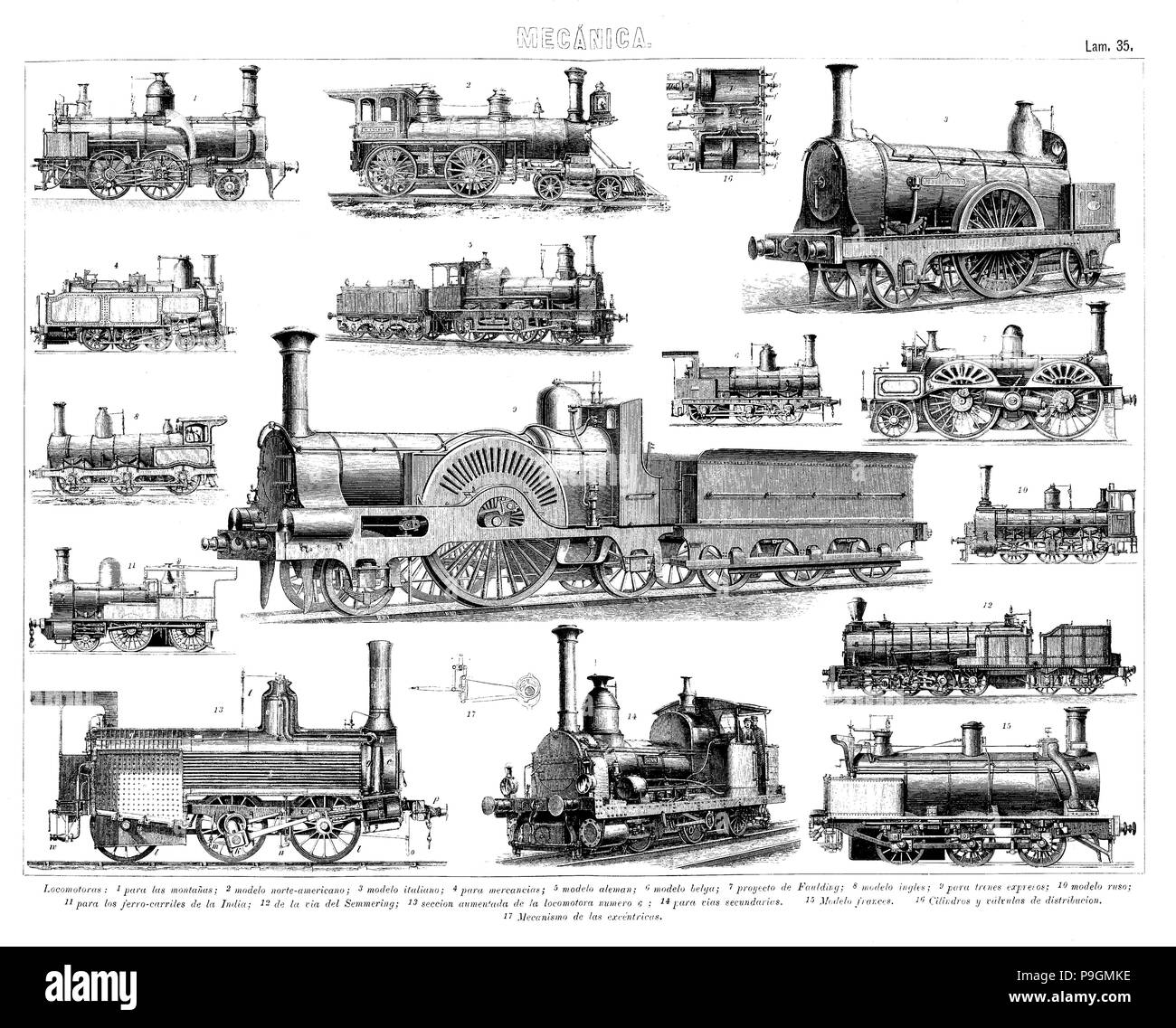 Various models of steam train engines, from different countries