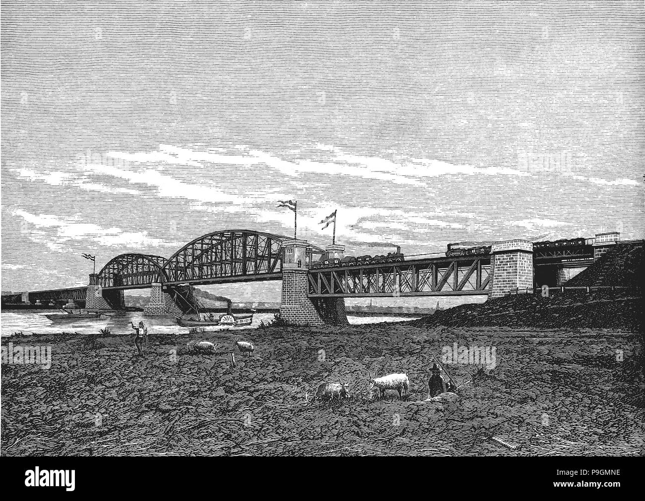Metal bridge for railway over the Rhine river near Arnhem, engraving 1879. Stock Photo