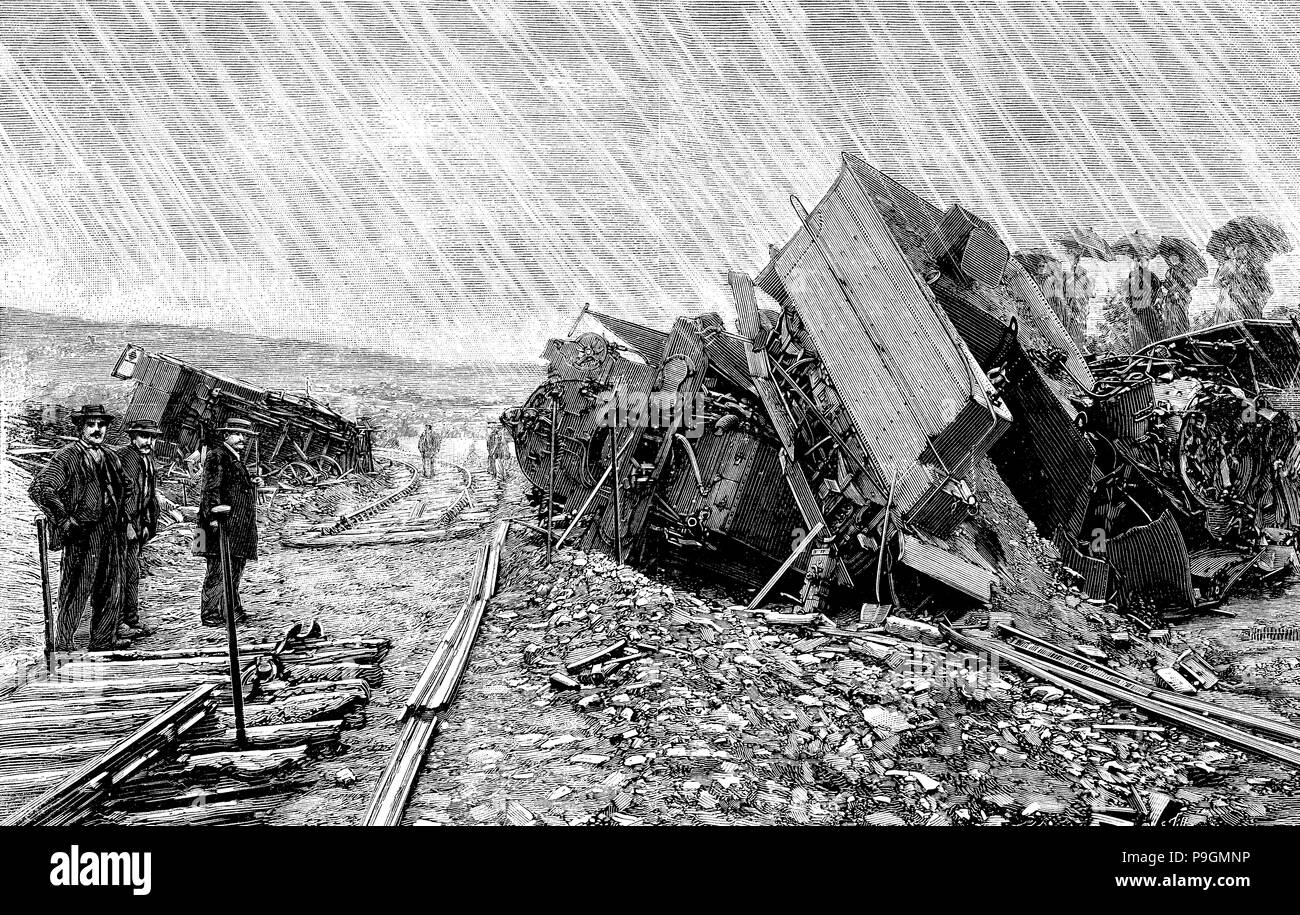 Railway accident in Saint-Brieuc, in July 1895, engraving of the time. Stock Photo