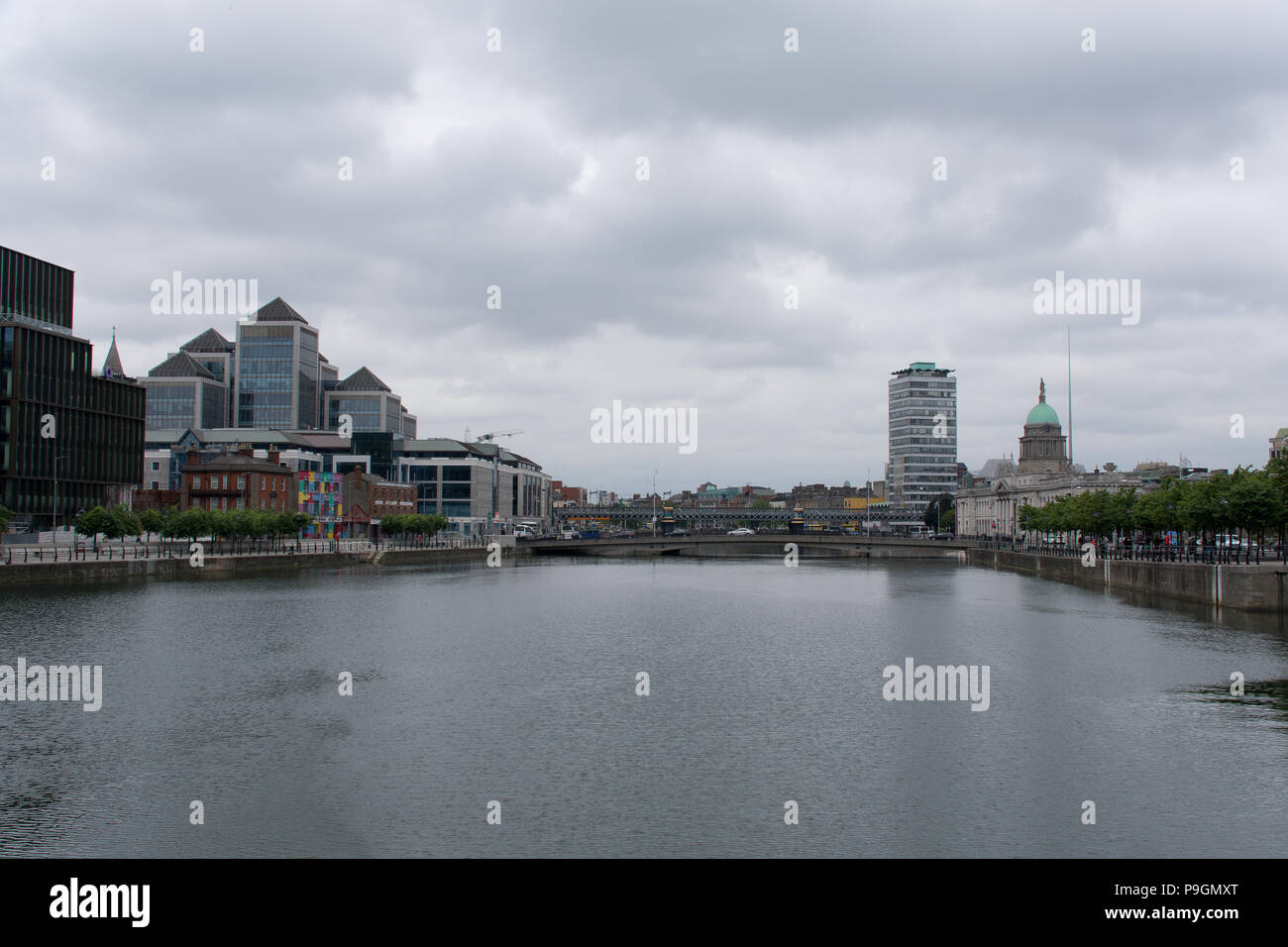 River Liffey, Georges Quay Plaza, Liberty Hall and Custom House in Dublin, Ireland Stock Photo