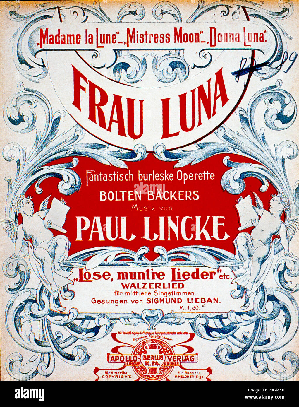 Doña Luna, cover of the two acts operetta by Paul Lincke, released on December 31, 1899. Stock Photo