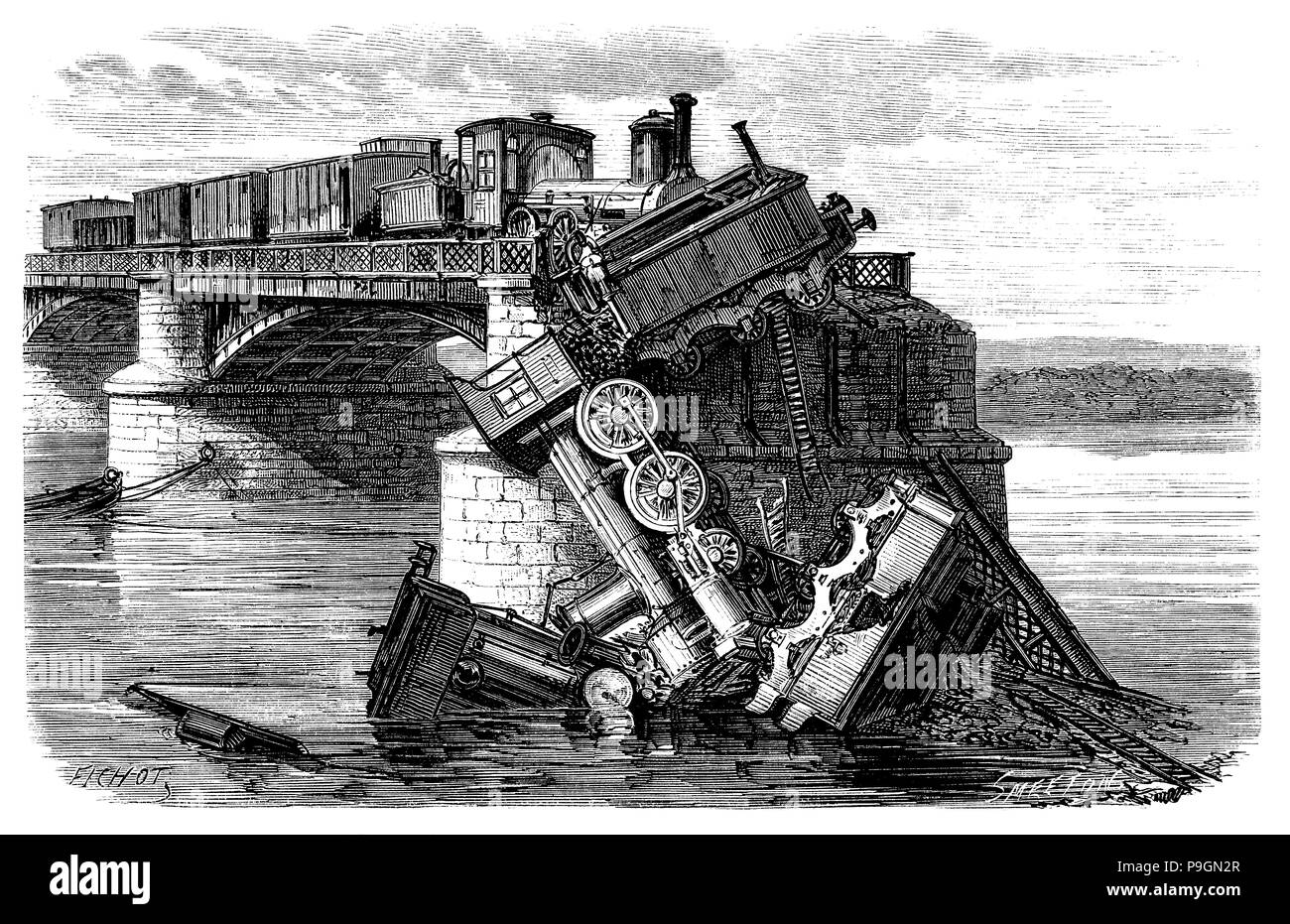 Franco - Prussian War, siege of Paris by the Germans, German train derailment on the bridge of th… Stock Photo