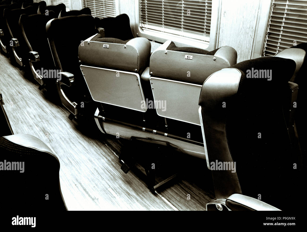 Interior of a passenger car of an automotive train Ter, from the Spanish National Railway Network… Stock Photo