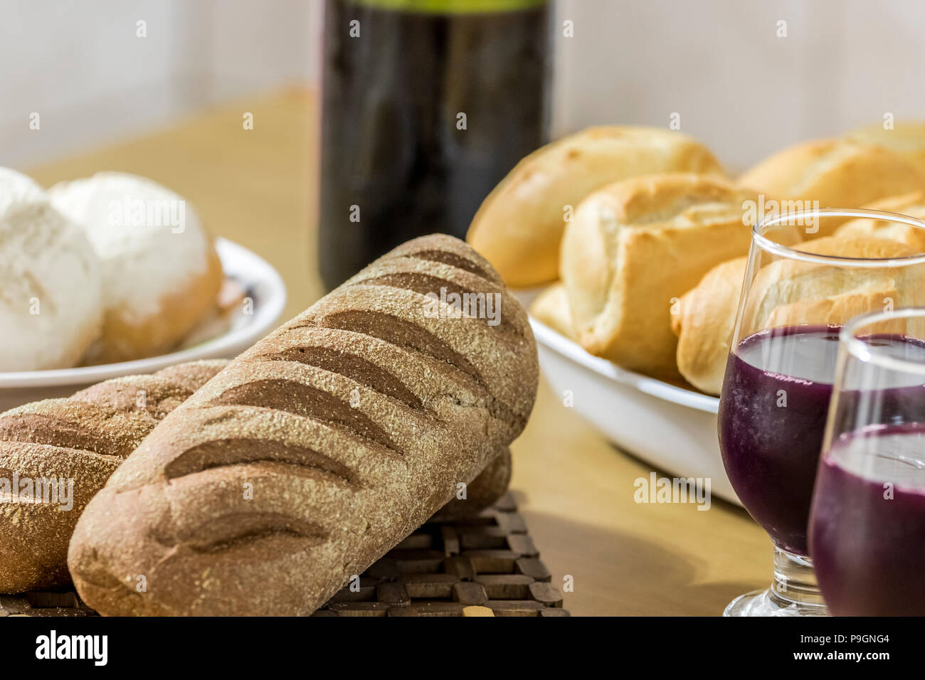 Assorted breads on the table Stock Photo
