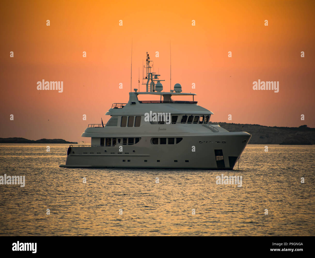 The Super yacht Badido 90 at anchor in San Antonio Bay, Ibiza, Balearic Islands, spain Stock Photo