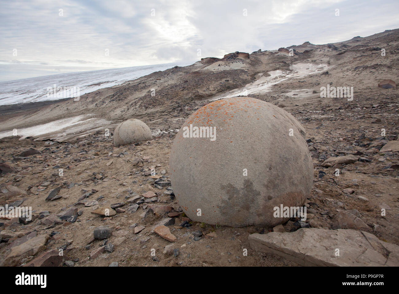 Mysterious Stone Spheres on Champ Island, Franz Josef Land Stock Photo