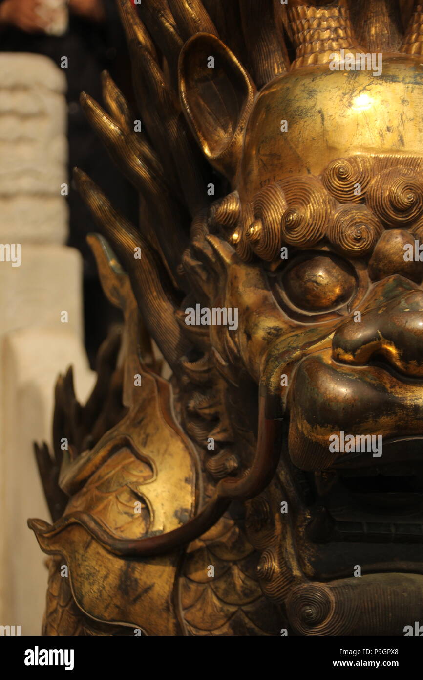 close-up of a Gilded lion statue, Forbidden City, Beijing Stock Photo