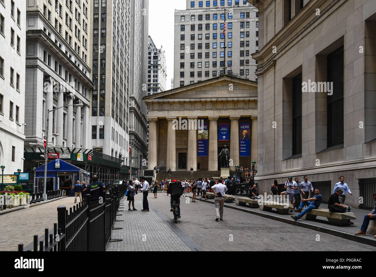 New York City, USA - June 20, 2018: Federal Hall National Memorial building from Broad Street in Financial District of NYC Stock Photo