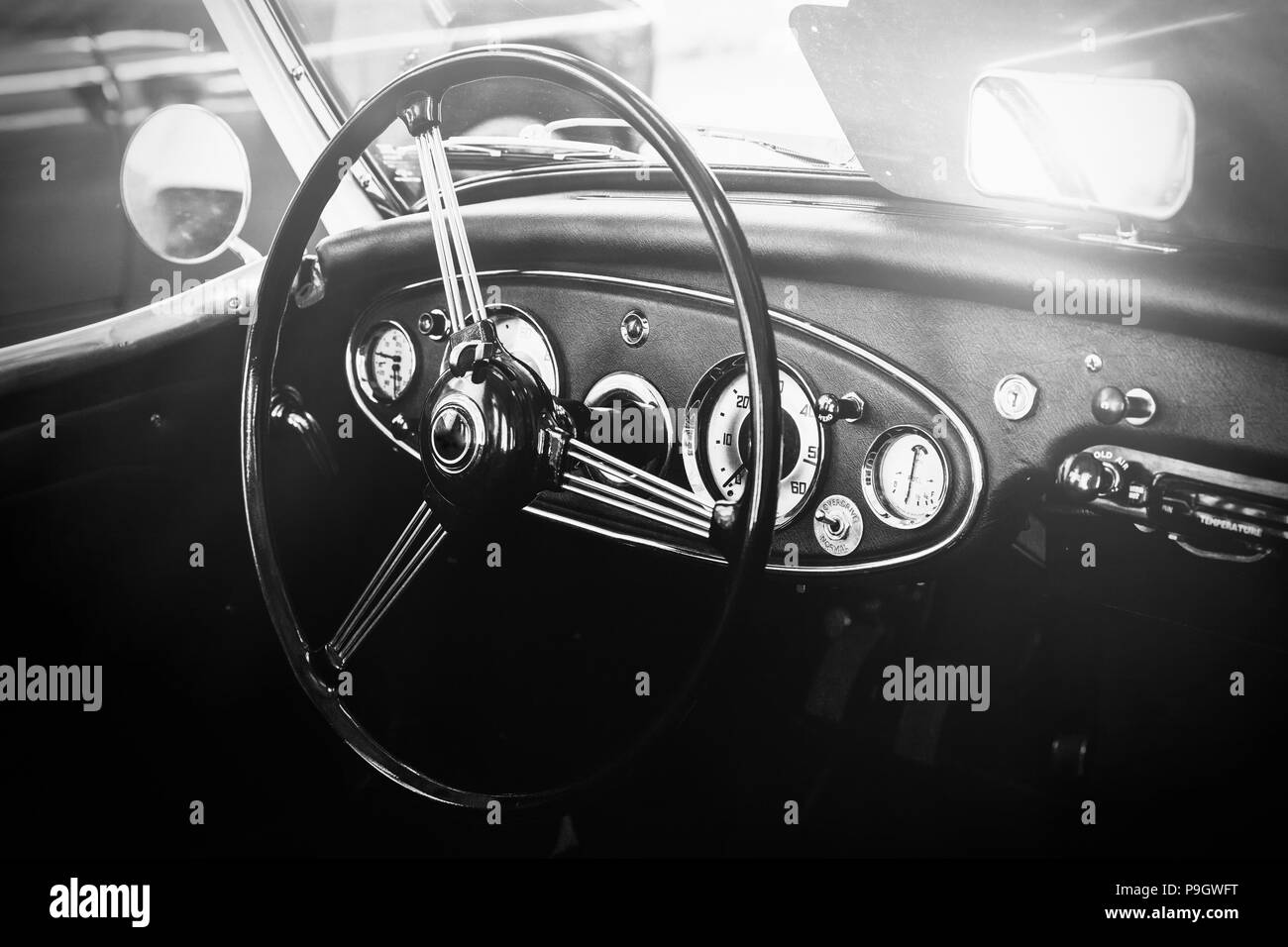 Interior view of classic vintage car. Instagram toning. Beautiful retro car poster, postcard. Stock Photo