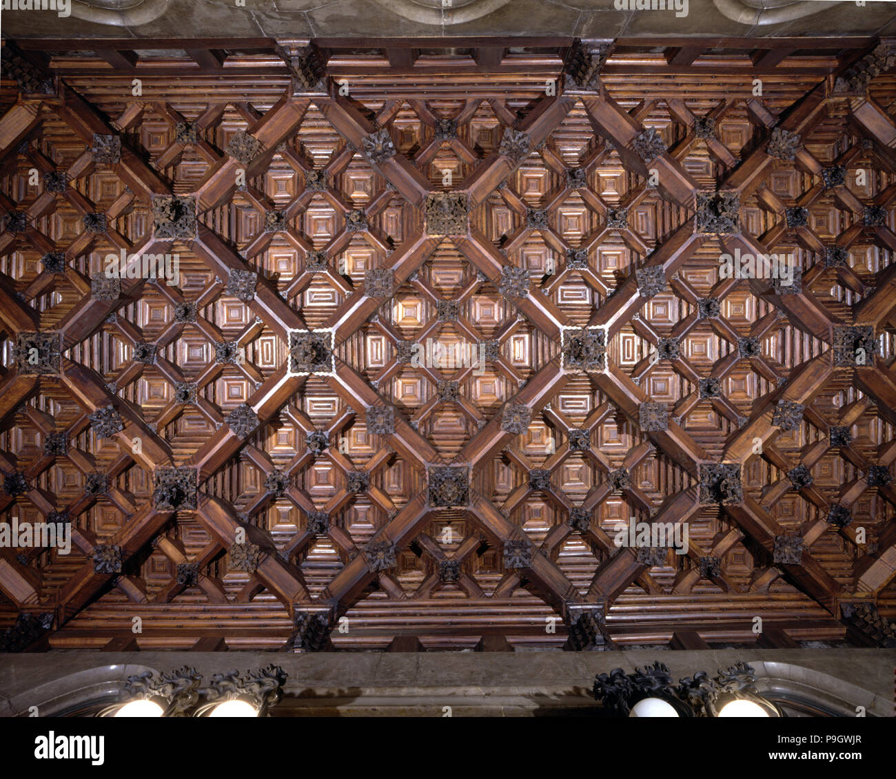 Coffered ceiling of the lost steps room on the first floor of the Güell Palace, 1886-1890, design… Stock Photo