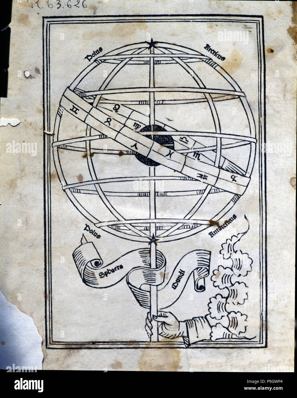 Astronomicon', cover of the work with an armillary sphere, published in Venice in 1485. Stock Photo