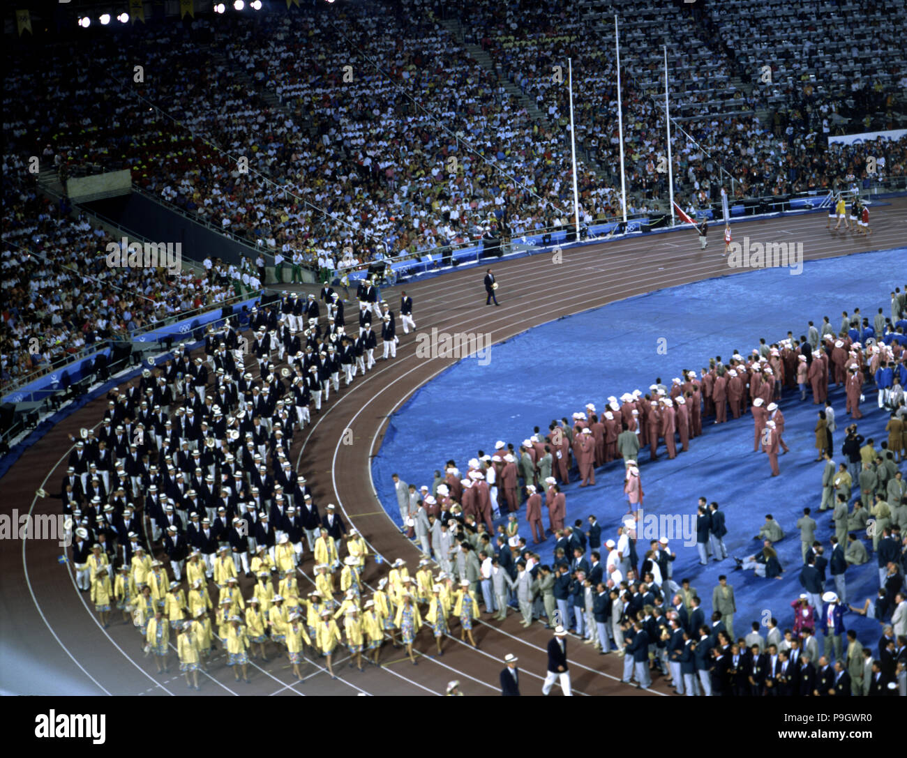 Athletes parade during the opening ceremony of the 1992 Barcelona Olympic Games. Stock Photo