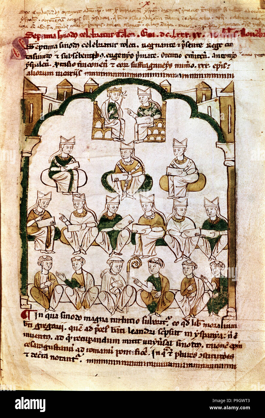 7th century, 7th Council of Toledo, summoned by King Chindasvinto, miniature in 'Primacy of the C… Stock Photo