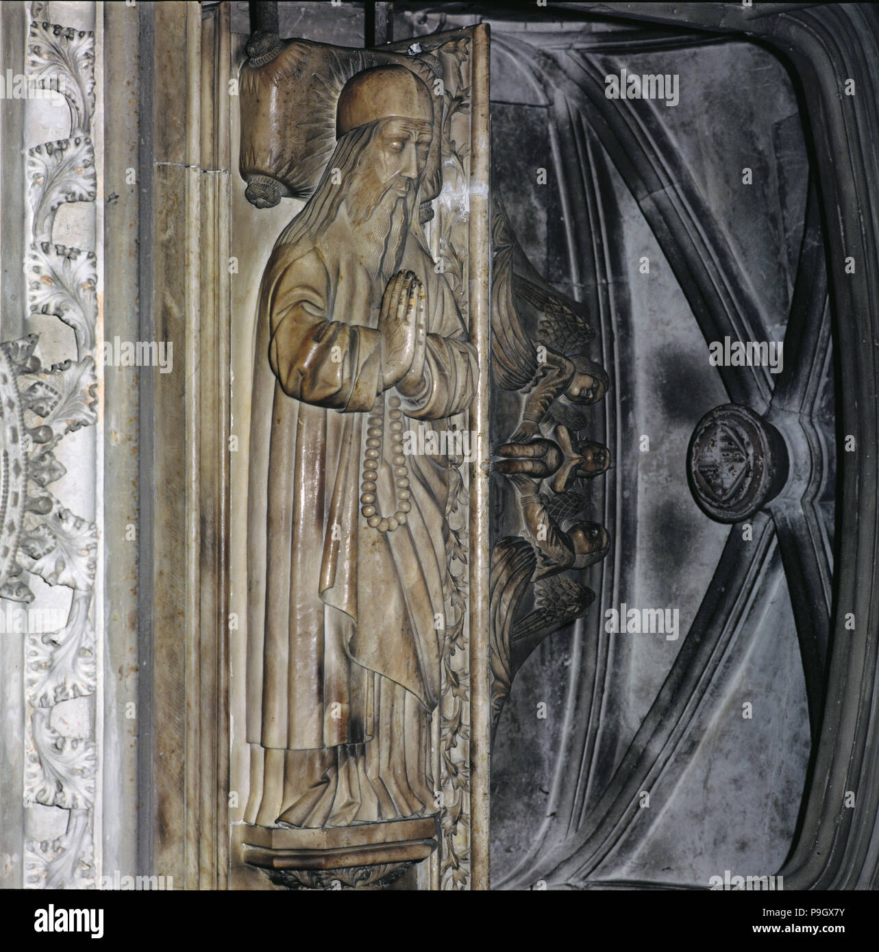 Tomb in the church of San Francisco de Palma de Mallorca with the recumbent statue of Ramon Llull… Stock Photo