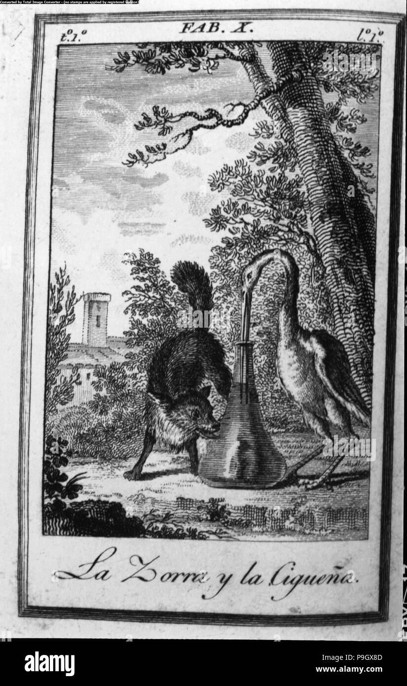 Illustration of the fable 'La zorra y la cigüeña' (The Fox and the Stork) by Felix Maria de Saman… Stock Photo