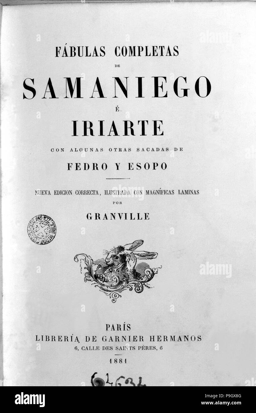 Cover of the book 'Fables' by Félix María de Samaniego, 1881 edition. Stock Photo