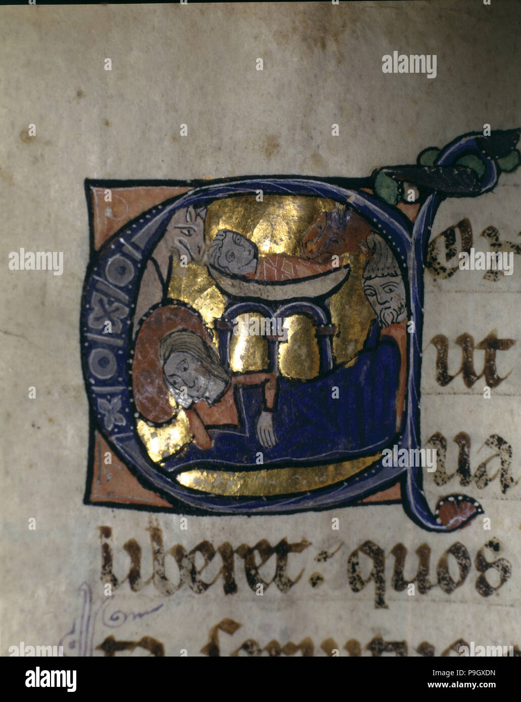 Nativity, illuminated capital letter in the 'Episcopal Sacramentary of Elna' manuscript on parchm… Stock Photo