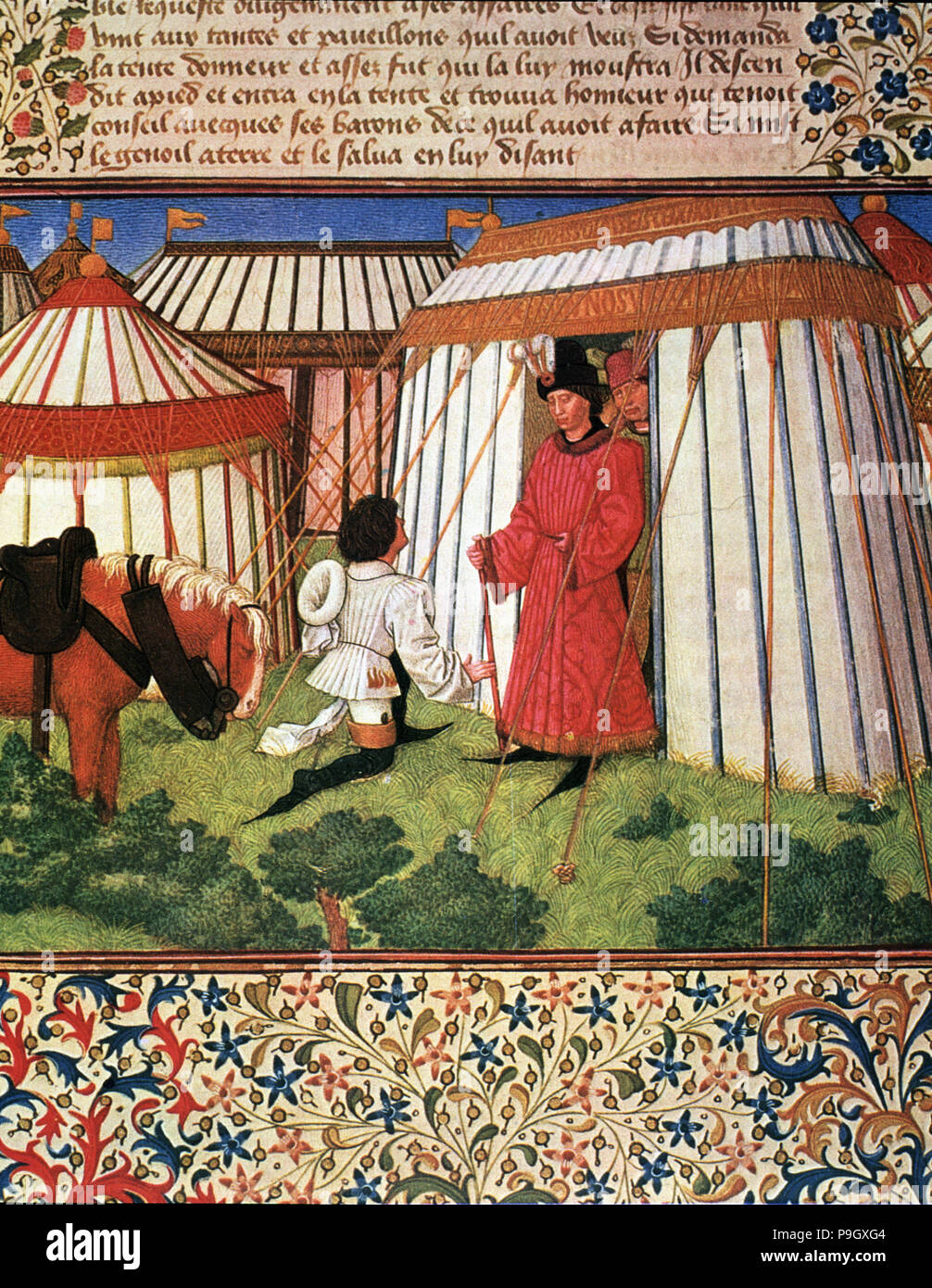 Knight kneeling before the tent of honor, Miniature in 'Roman de la Rose', illuminated manuscript… Stock Photo