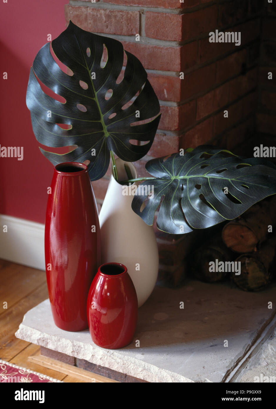 Close Up Of Red And White Vases With Large Green Leaves Stock