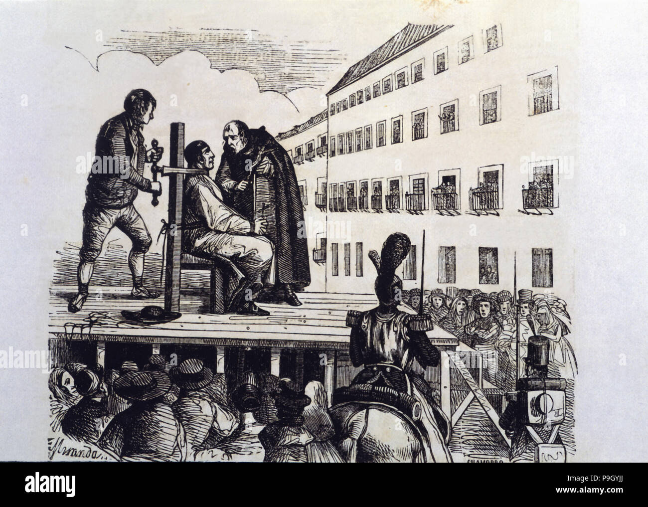 1st Carlist War from 1833 to 1840, death penalty to garotte of a Carlist deputy accused of crimes unrelated to war, executed in Zaragoza in April 1835