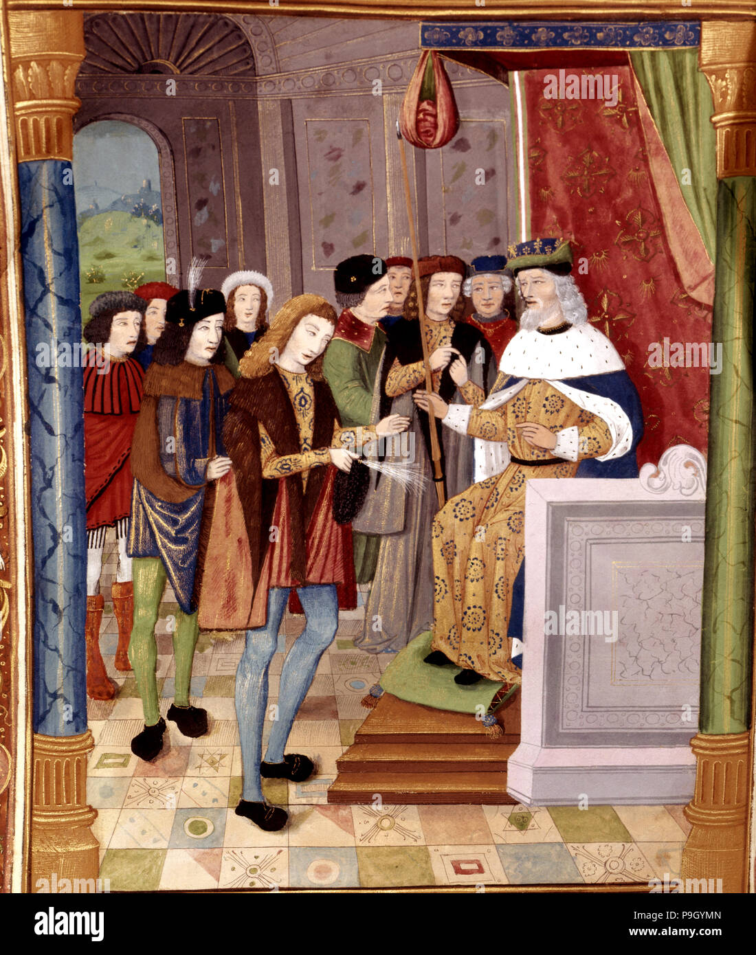 Gontran, king of Burgundy (561-592), appoints as his successor to the throne Childebert II, his n… Stock Photo