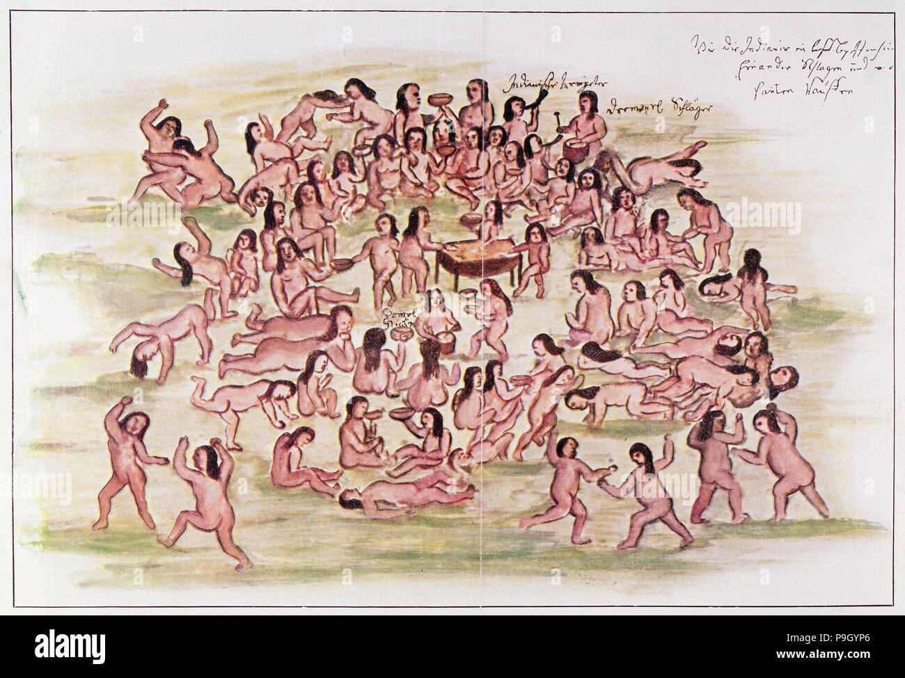 Discovery and Conquest of America, the effects of alcohol on the Indians, drawing from the book '… Stock Photo