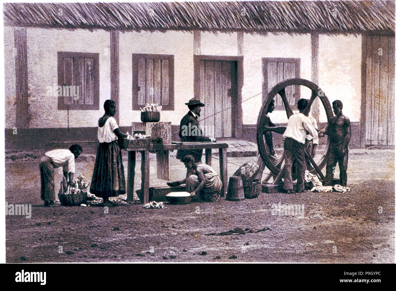 The cassava mill, work in a farming plantation with slaves, lithograph. Stock Photo