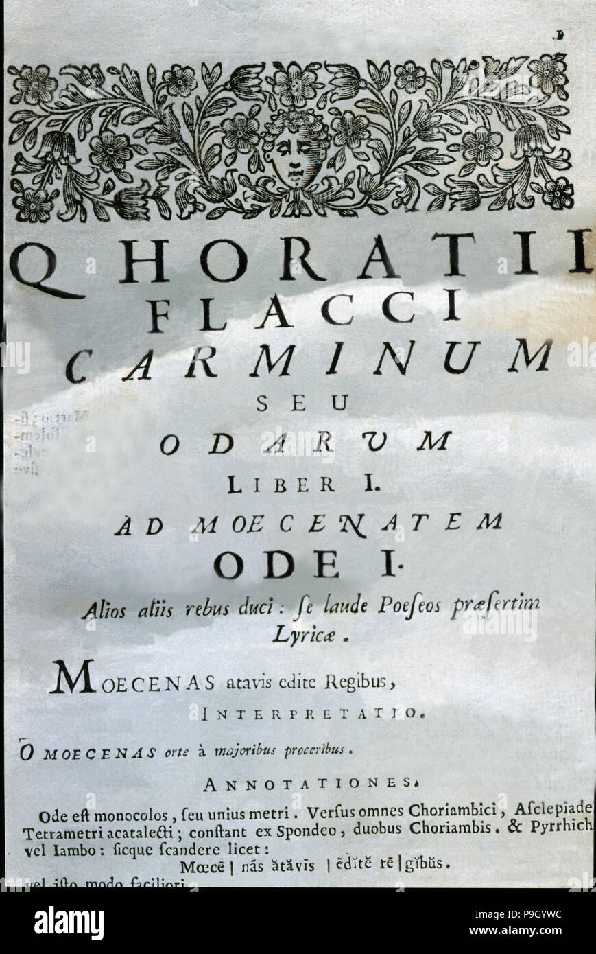 Odes, which were called 'Carmina' by its author, cover of the 1727 Venice edition. Stock Photo