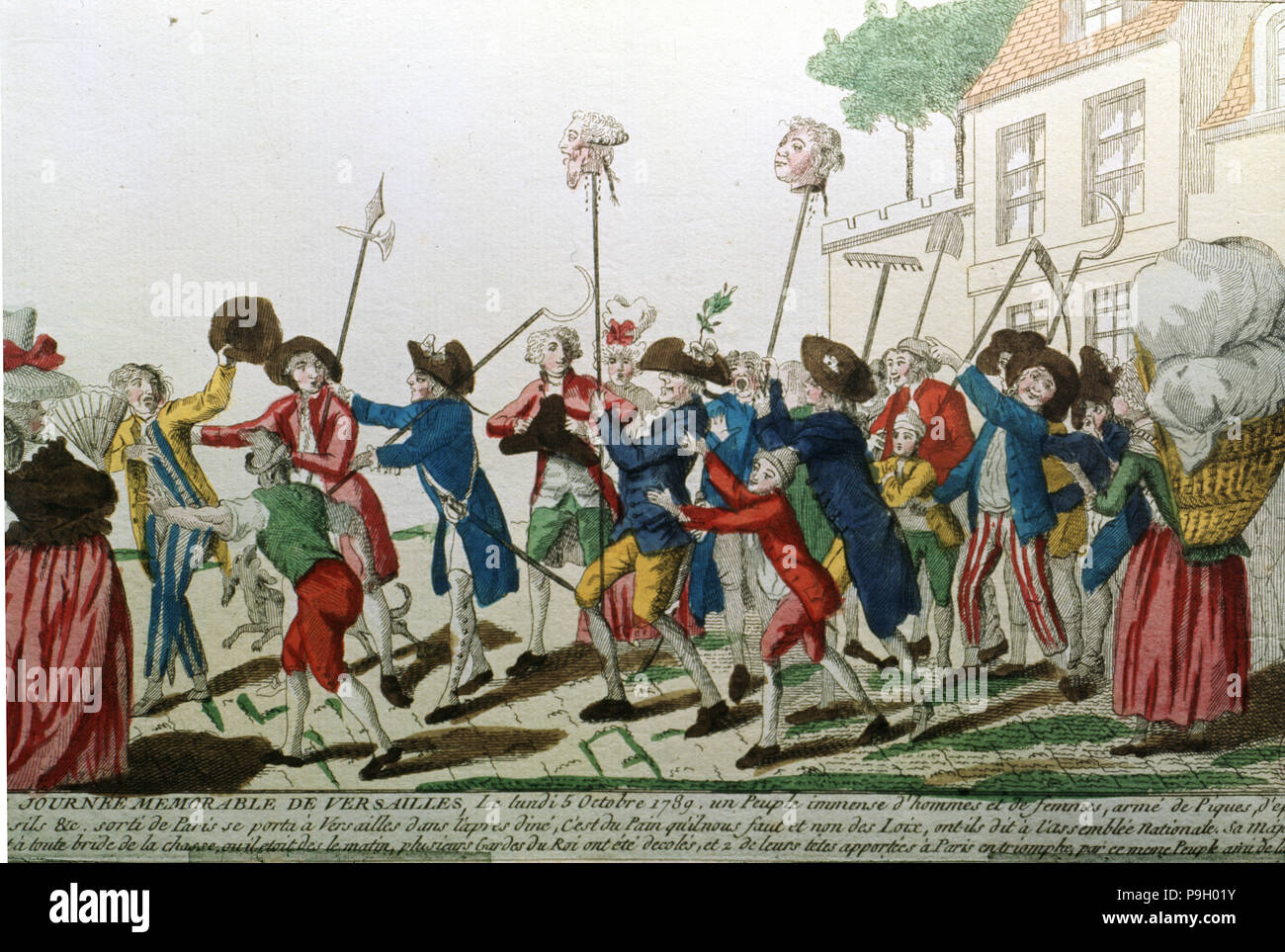 French Revolution, Parisian exiting Versailles with the heads of the Swiss Guard, October 5, 1789. Stock Photo