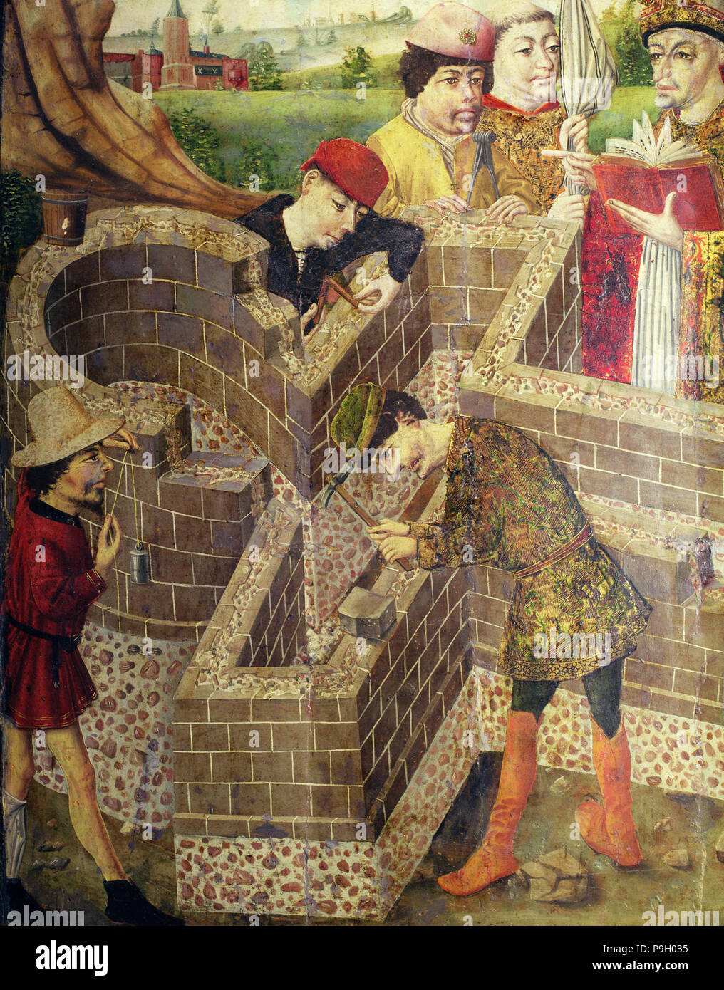 Building a church, detail from the Painting 'Church of San Miguel', panel painting. Stock Photo