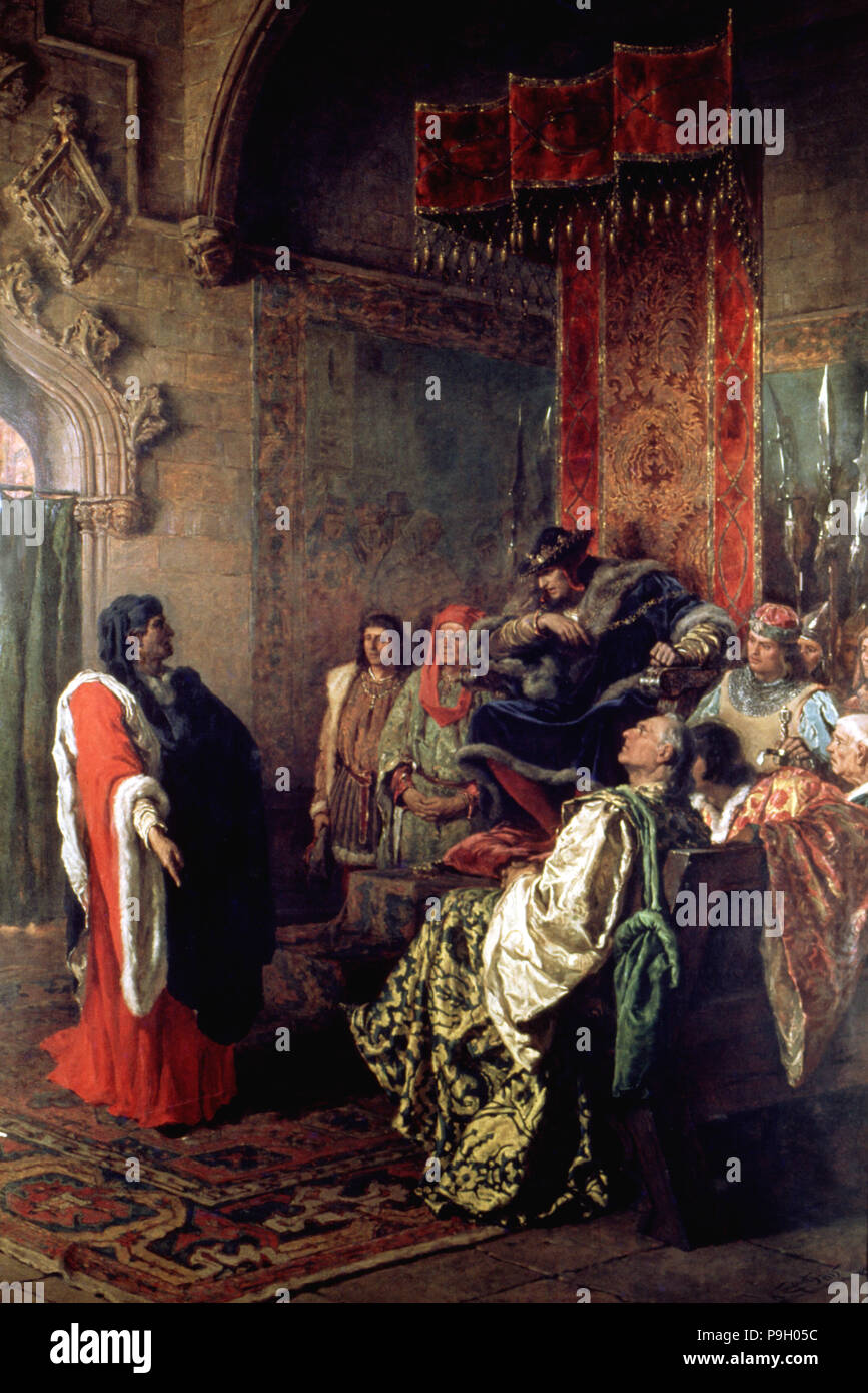 Fivaller holding the rights of the city of Barcelona before King Ferdinand I of Antequera and his… Stock Photo