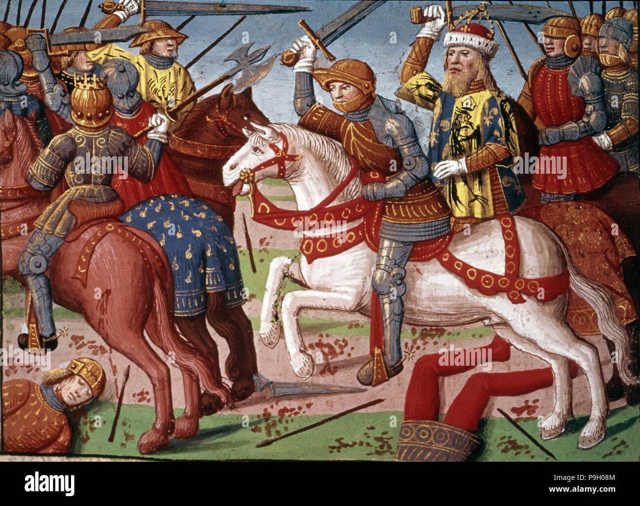 Charlemagne leading his troops in a battle against the Saracens in Spain. (780). Miniature in the… Stock Photo