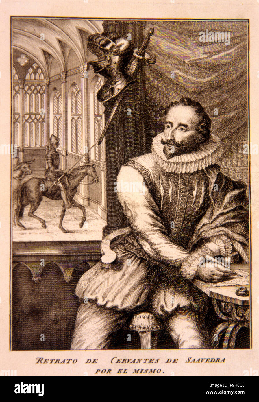 Miguel de Cervantes Saavedra (1547-1616), self-portrait  in 'Don Quixote', Madrid edition of 1674… Stock Photo