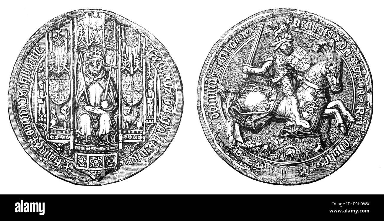 The Great Seal of Henry VII (1457 – 1509),  first monarch of the House of Tudor and King of England and Lord of Ireland from his seizure of the crown on 22 August 1485 to his death.  He attained the throne when his forces defeated King Richard III at the Battle of Bosworth Field, the culmination of the Wars of the Roses. He was the last king of England to win his throne on the field of battle. He cemented his claim by marrying Elizabeth of York, daughter of Edward IV and niece of Richard III. Henry was successful in restoring the power and stability of the English monarchy after the civil war. Stock Photo
