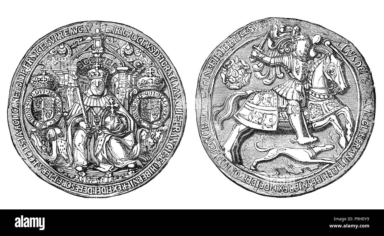The Great Seal of Henry VIII (1491 – 1547),  King of England from 1509 until his death and the second Tudor monarch, succeeding his father, Henry VII. He is best known for his six marriages, in particular his efforts to have his first marriage, to Catherine of Aragon, annulled. His disagreement with the Pope on the question of such an annulment led Henry to initiate the English Reformation, separating the Church of England from papal authority. He appointed himself the Supreme Head of the Church of England and dissolved convents and monasteries, for which he was excommunicated. Stock Photo