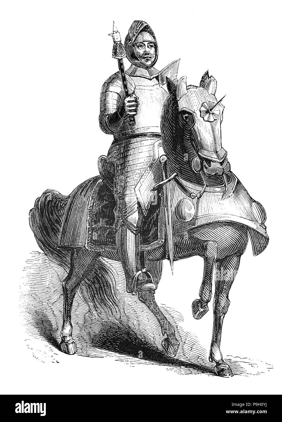 Henry VIII (1491 – 1547) on horseback and dressed in full body armour. He was King of England from 1509 until his death and the second Tudor monarch, succeeding his father, Henry VII. His early military campaigns began when he joined Pope Julius II's Holy League against France in 1511. Wolsey proved himself to be an outstanding minister in his organisation of the first French campaign and while the Scots saw this war as an opportunity to invade England, they were defeated at Flodden in 1513. However war with France ultimately proved expensive and unsuccessful Stock Photo