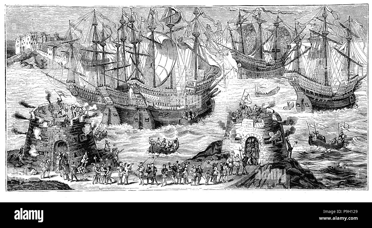 King Henry VIII setting out from Dover on 31 May 1520 for his meeting with Francis I at the Field of the Cloth of Gold. The illustration shows large warships many commissioned by Henry VIII.  Theys were designed with high ‘castles’ fore and aft as part of the structure of the ship to accommodate troops and give them a fighting platform and with a low middle section (waist) to allow fighting and boarding alongside other ships.  With smooth hulls so that gunports could be cut into the sides to allow broadside firing, it meant that ships could be much more heavily armoured. Stock Photo