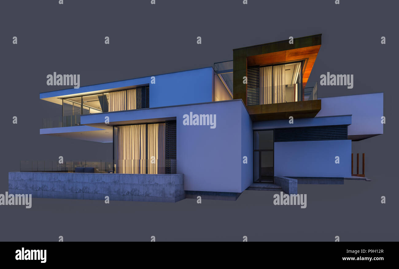 3d Rendering Of Modern Cozy House At Night With Garage For