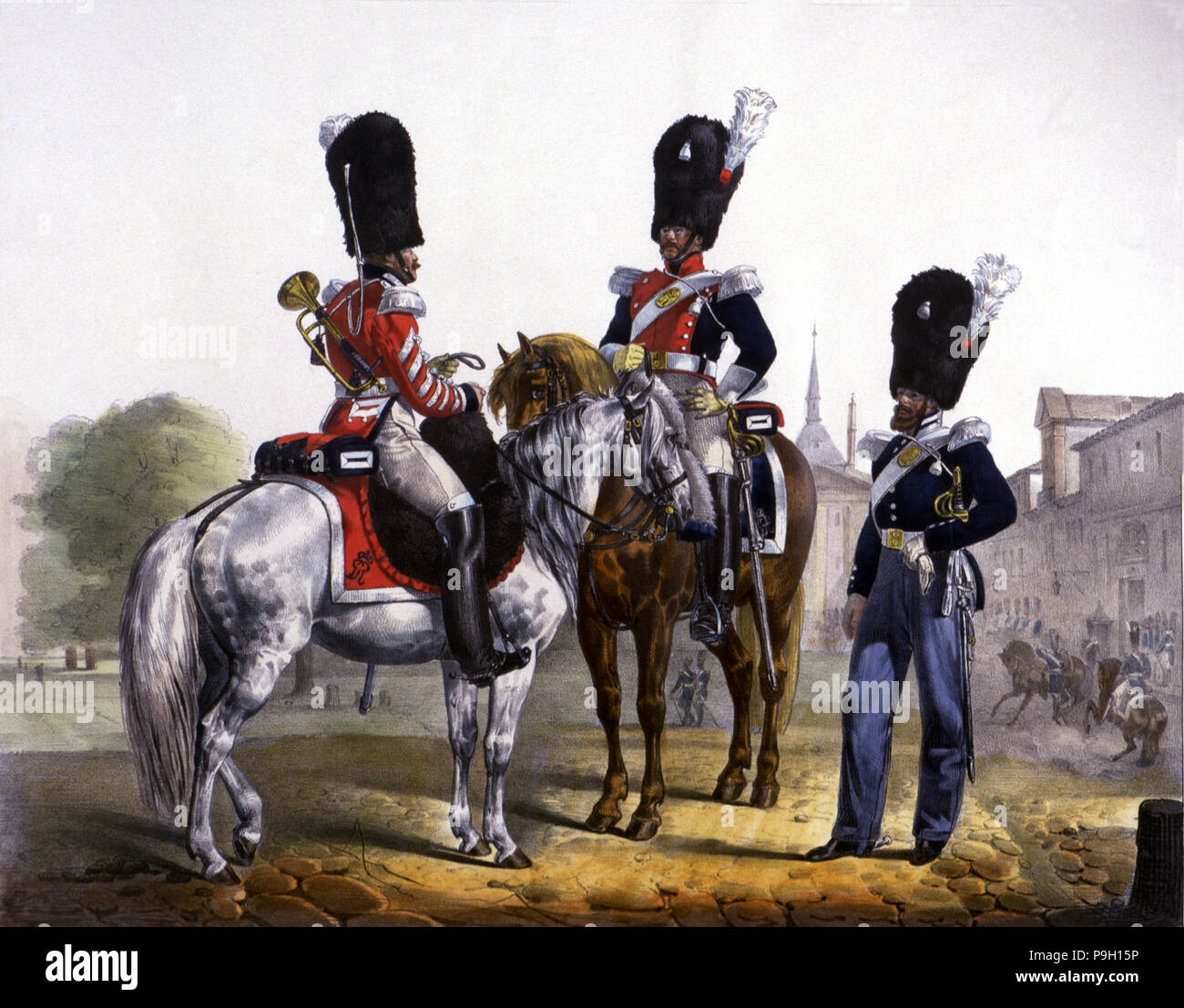 Reign of Ferdinand VII (1808-1833), lithographed sheet of Grenadiers of the Royal Guard at horseb… Stock Photo