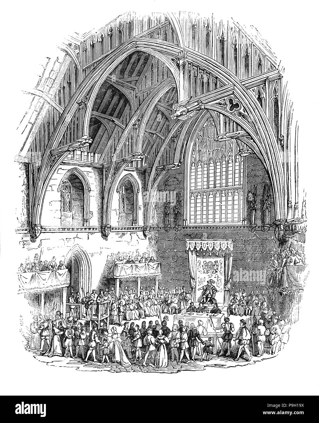 The trial of John Lambert (died 1538) an English Protestant martyr before King Henry VIII in Westminster Hall. He was educated at Queens' College, Cambridge, went to Antwerp and became a member of the group of humanist theologians that met at the White Horse Tavern. In 1536 after returning to England he was accused of heresy by the Duke of Norfolk, but escaped until 1538, when he was put on trial, and burned at the stake,  on 22 November 1538 at Smithfield, London. Stock Photo