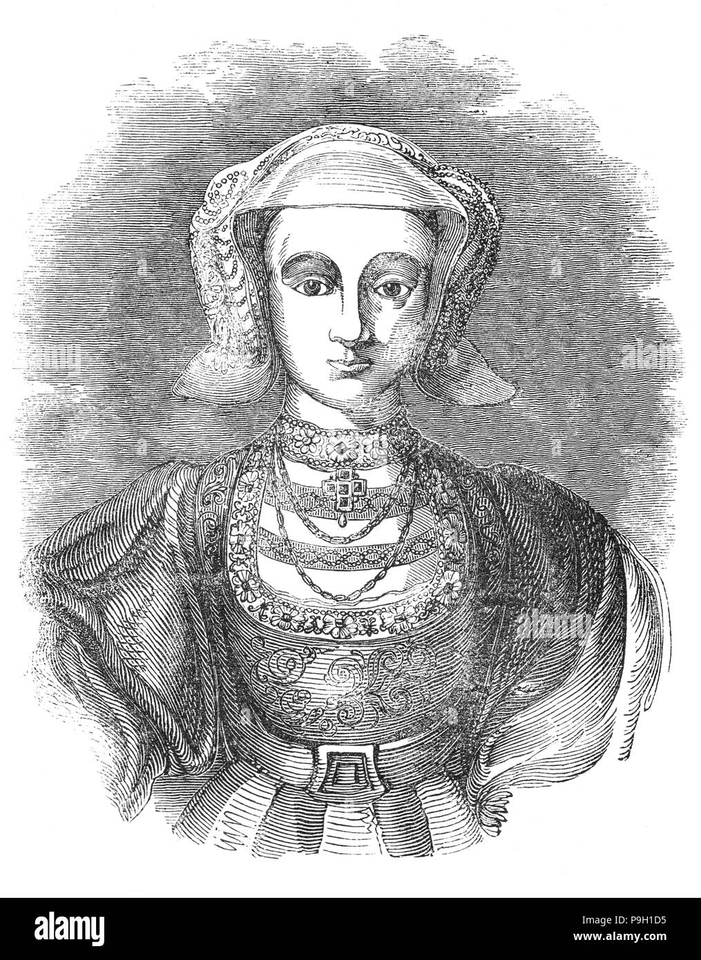 A portrait of Anne of Cleves (1515 – 1557), Queen of England from 6 January to 9 July 1540 as the fourth wife of King Henry VIII. The marriage was declared unconsummated and, as a result, she was not crowned queen consort. Following the annulment, she was given a generous settlement by the King, and thereafter referred to as the King's Beloved Sister.  She lived to see the coronation of Queen Mary I, outliving the rest of Henry's wives. Stock Photo