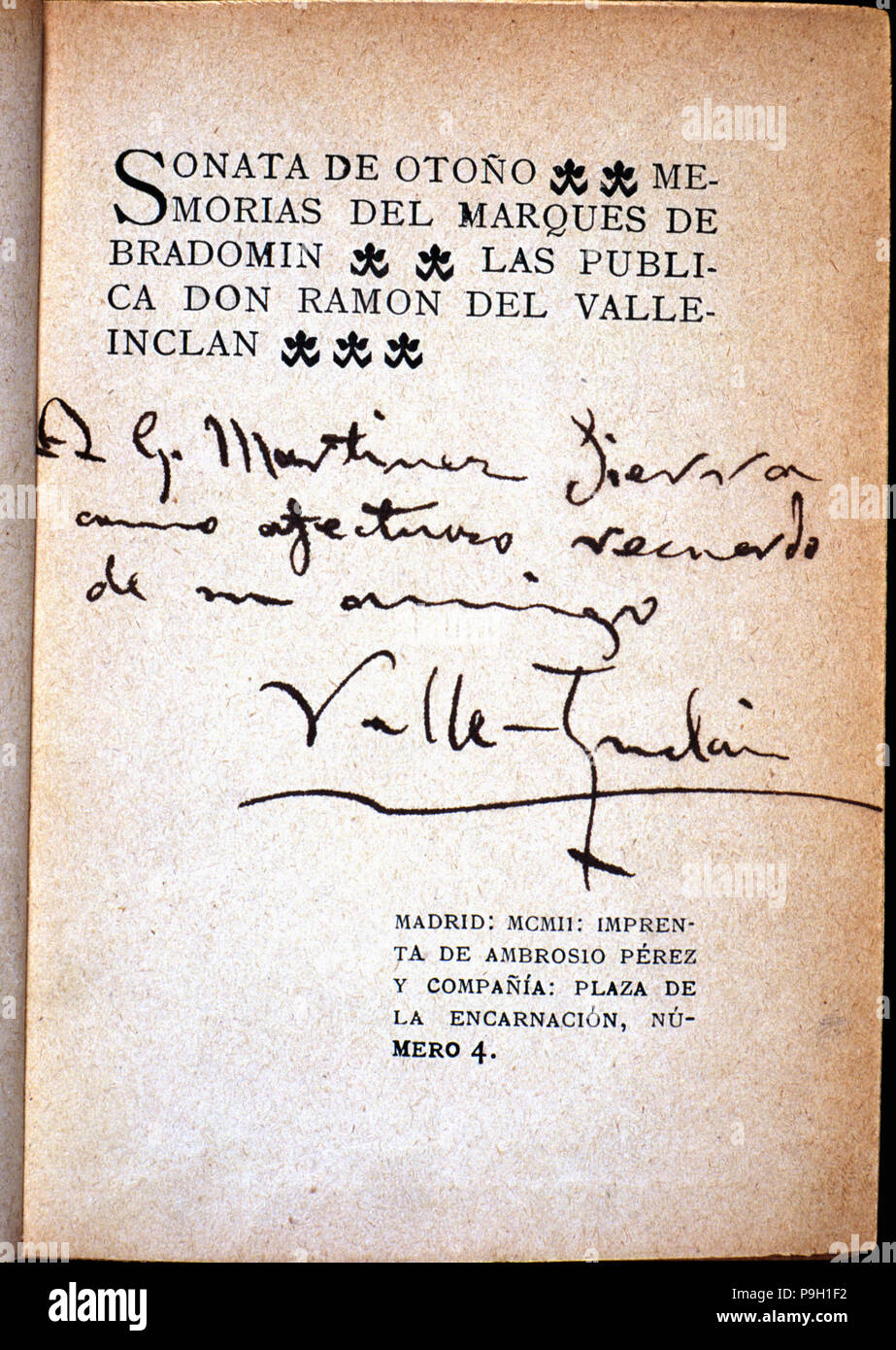 Cover 'Autumn Sonata - Memoirs of the Marquis of Brandomin', by Valle Inclan with autograph inscr… Stock Photo