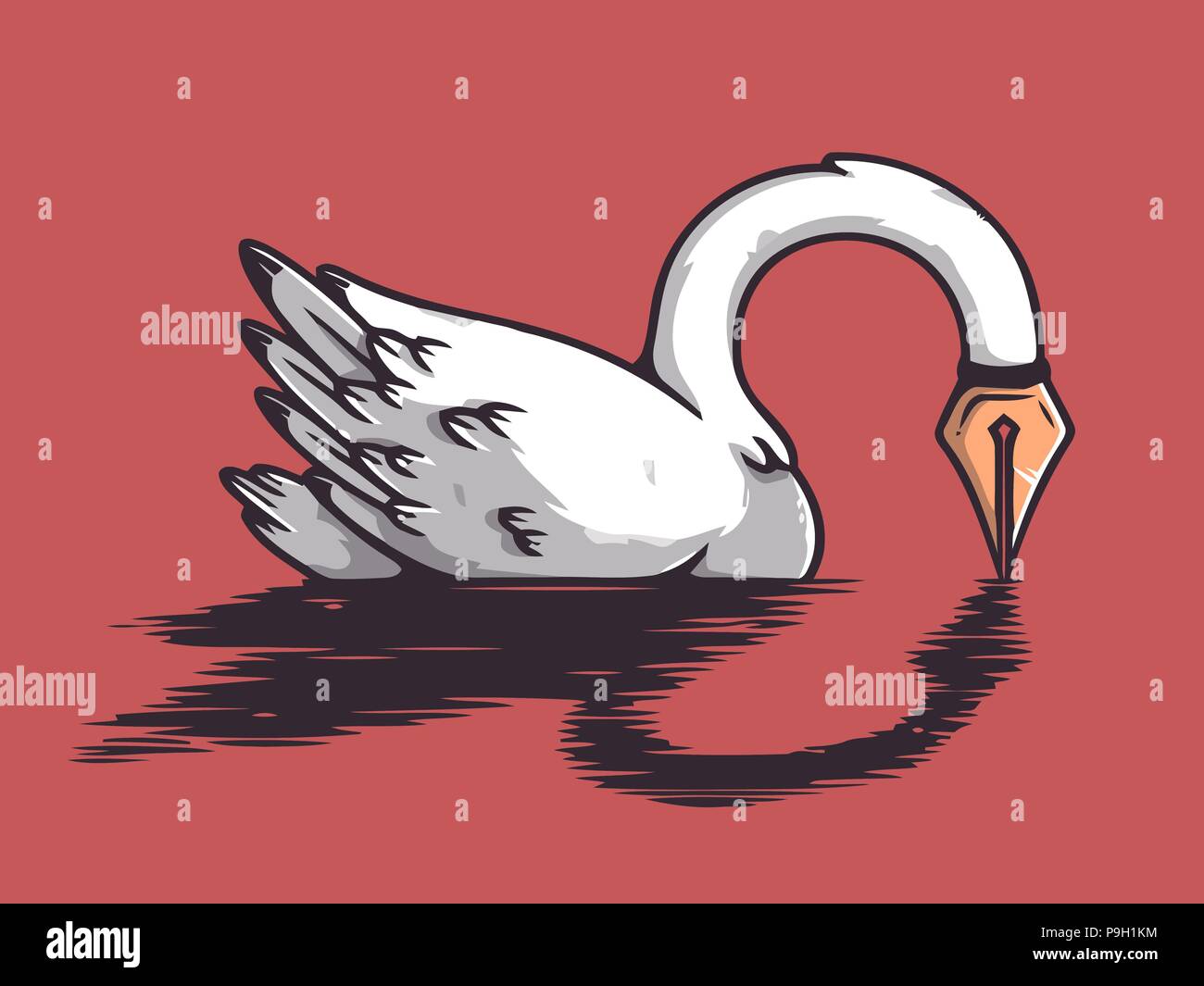 'Black Swan' Digital art Illustration (Vector Based) Hybrid Ink swan with red background Stock Vector