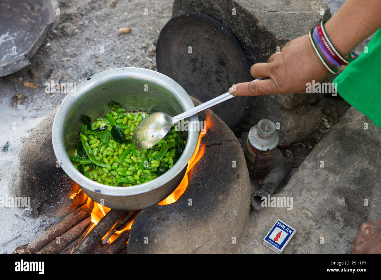 A woman cooking lunch outside on an open fire at their home in Ahmedabad, India. Stock Photo